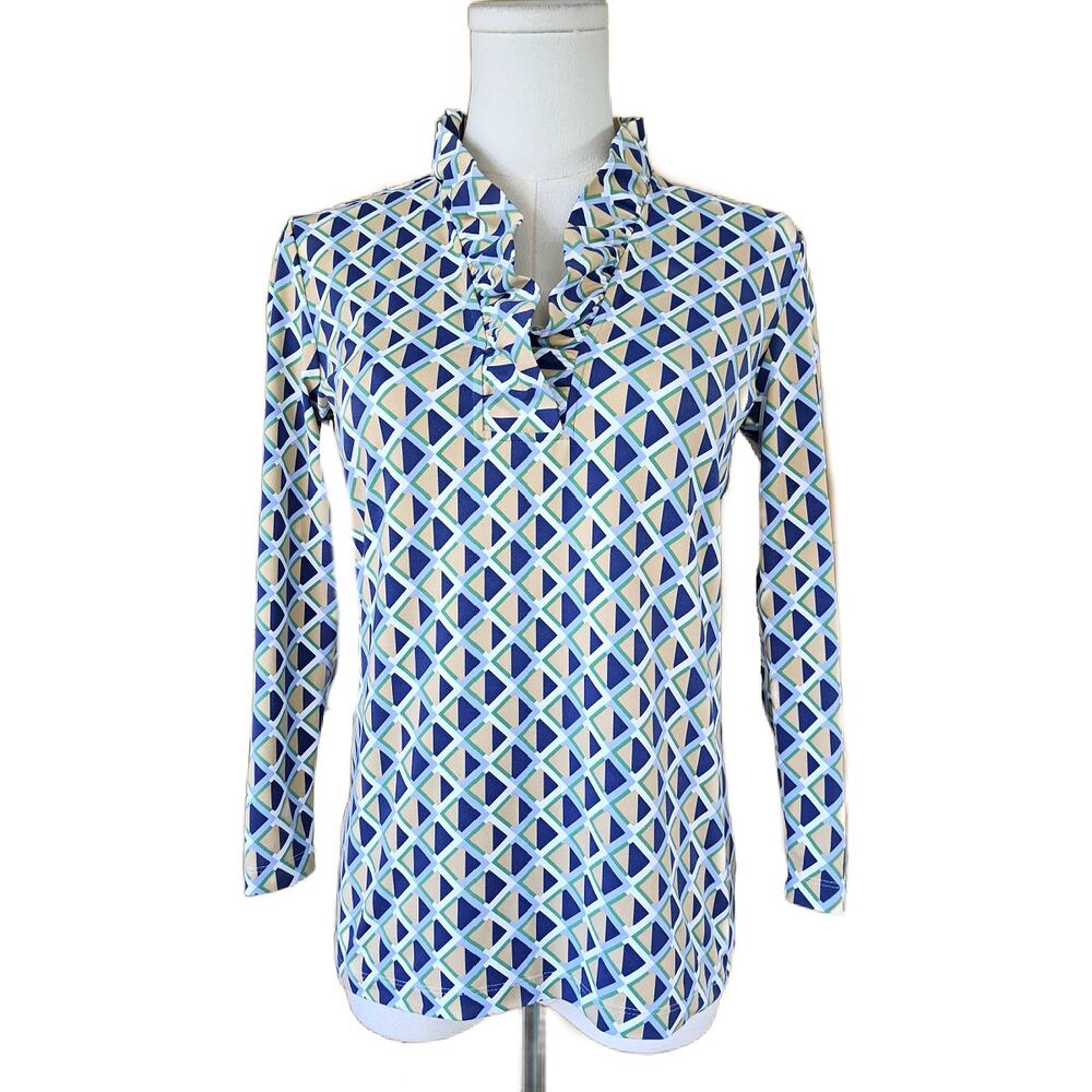 J McLaughlin Durham Ruffle Top Navy Blue Tan Geo Print XS Preppy 3/4 Sleeve